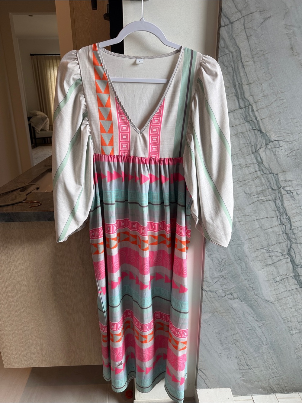 V-Neck Puff Sleeve Maxi Dress in Pink & Mint